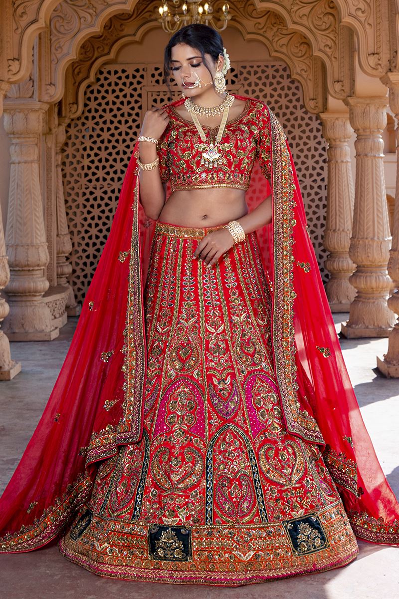 No Fade Red Color Beautiful And Gorgeous Skin Friendly Hand Work Ladies  Designer Embroidered Net Lehenga Choli at Best Price in Bareilly | Indian  Zari Art