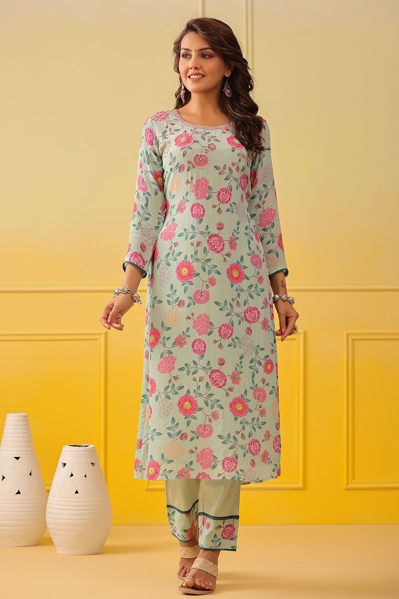 Buy Pulchritudinous Green Rayon With Embroidered Ready Made Plazo Kurti –  Ville Fashions