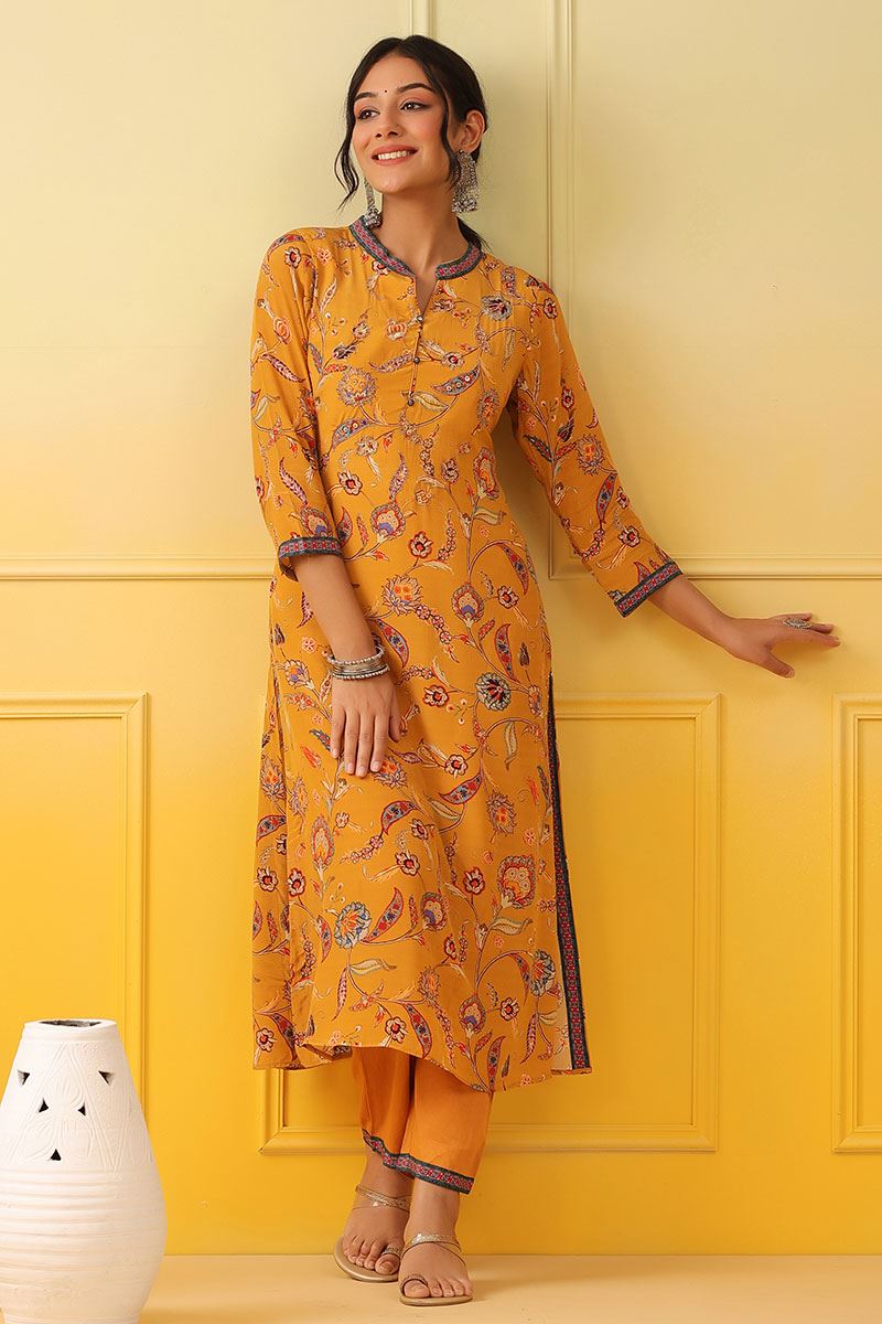 Buy Yellow Kurta- Chanderi (70% Cotton And 30% Silk) Ravina & Leggings Set  For Women by The White Tree Studio Online at Aza Fashions.
