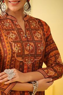 Picture of Stunning Brown and Orange Colored Designer Kurti with Pant