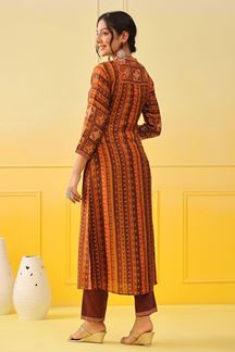 Picture of Stunning Brown and Orange Colored Designer Kurti with Pant