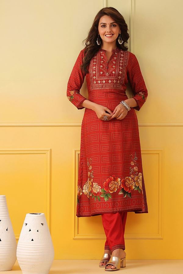 Picture of Magnificent Red Colored Designer Kurti with Pant