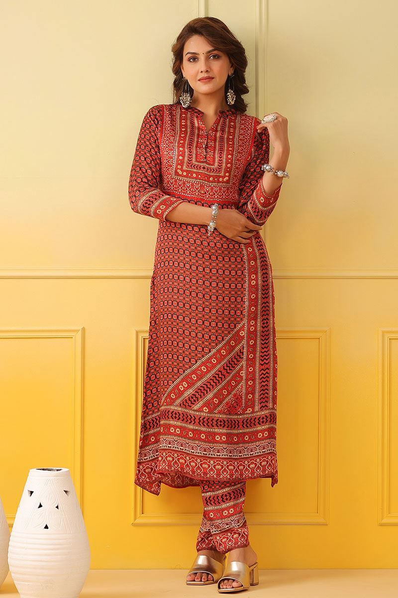 Buy online Red Printed Key Hole Neck Straight Kurti from Kurta Kurtis for  Women by Rajori for ₹799 at 64% off | 2024 Limeroad.com