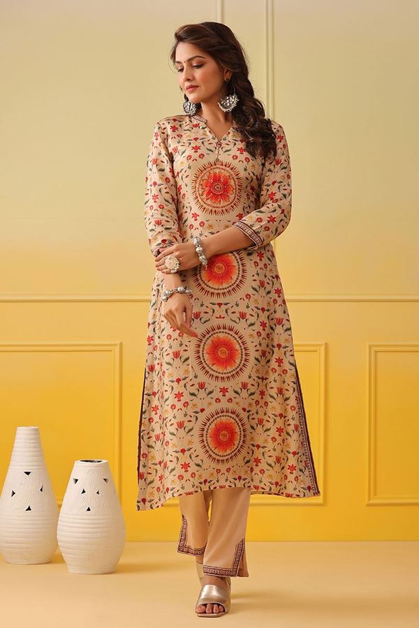 Picture of Enticing Cream Colored Designer Kurti with Pant