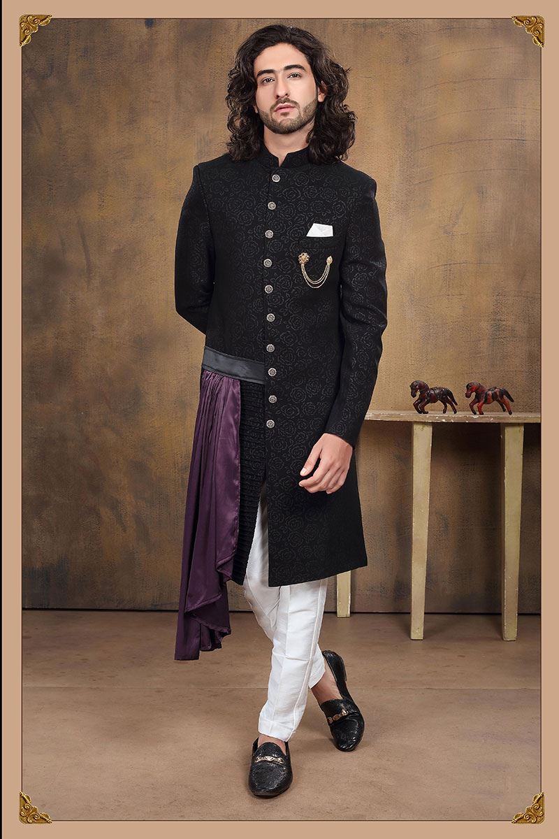 Beige Jackard With Hand Work Ethnic Wear Designer Ready-Made Sherwani -  shr00046