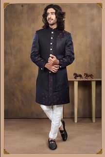 Picture of Fashionable Navy Blue Colored Designer Sherwani