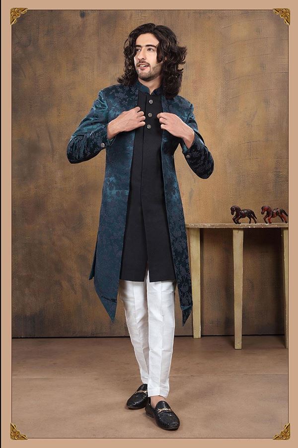 Picture of Marvelous Black and Teal Colored Designer Sherwani