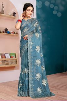 Picture of Vibrant Dusty Sky Blue Colored Designer Saree