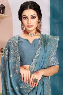 Picture of Vibrant Dusty Sky Blue Colored Designer Saree