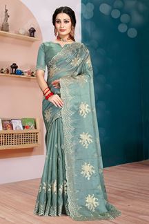 Picture of Stylish Dusty Firozi Colored Designer Saree