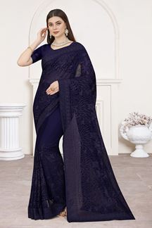 Picture of Beautiful Navy Blue Colored Designer Saree