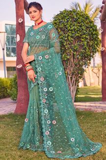 Picture of Magnificent Dusty Firozi Colored Designer Saree