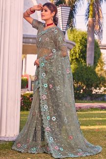 Picture of Artistic Dusty Pista Green Colored Designer Saree