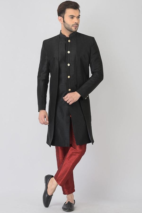 Picture of Stylish Black Colored Designer Indo-Western Sherwani