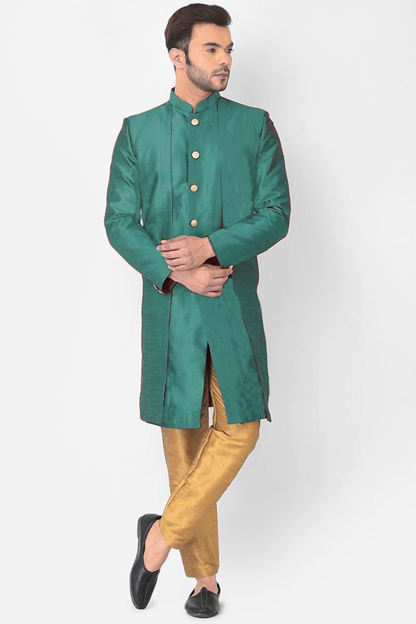 Picture of Exquisite Rama Green Colored Designer Indo-Western Sherwani