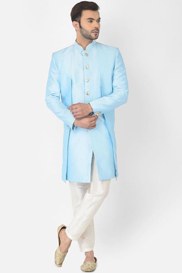 Picture of Classy Sky Blue Colored Designer Indo-Western Sherwani