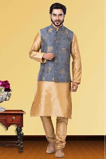 Picture of Majestic Golden and Grey Colored Designer Kurta Set