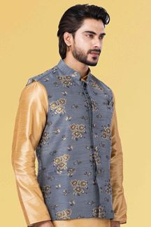 Picture of Majestic Golden and Grey Colored Designer Kurta Set