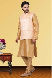 Picture of Classy Golden and Peach Colored Designer Kurta Set