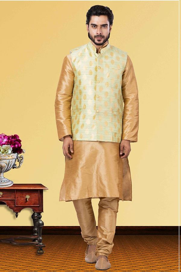 Picture of Exuberant Golden and Pista Green Colored Designer Kurta Set