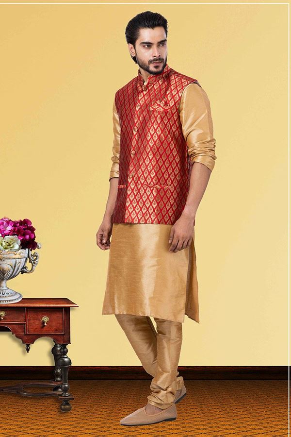 Picture of Exquisite Golden and Red Colored Designer Kurta Set