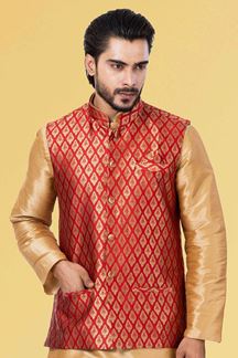 Picture of Exquisite Golden and Red Colored Designer Kurta Set