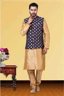 Picture of Enticing Golden and Navy Blue Colored Designer Kurta Set