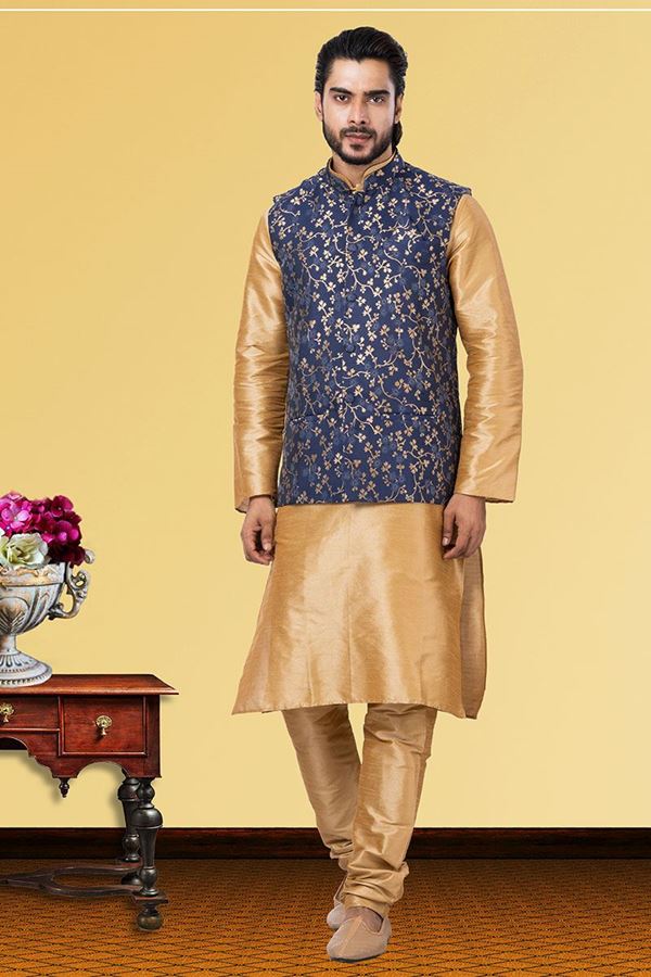 Picture of Aesthetic Golden and Blue Colored Designer Kurta Set