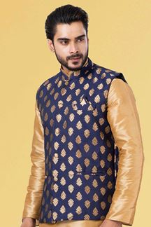 Picture of Enticing Golden and Navy Blue Colored Designer Kurta Set