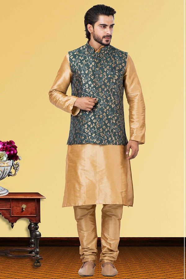 Picture of Delightful Golden and Teal Colored Designer Kurta Set