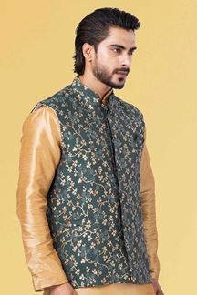 Picture of Delightful Golden and Teal Colored Designer Kurta Set