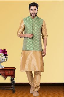 Picture of Impressive Golden and Mint Green Colored Designer Kurta Set