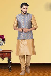 Picture of Awesome Golden and Lavender Colored Designer Kurta Set