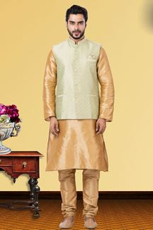 Picture of Amazing Golden and Pista Green Colored Designer Kurta Set