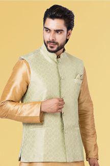 Picture of Amazing Golden and Pista Green Colored Designer Kurta Set