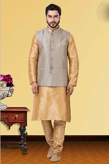 Picture of Royal Golden and Grey Colored Designer Kurta Set