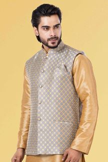 Picture of Royal Golden and Grey Colored Designer Kurta Set