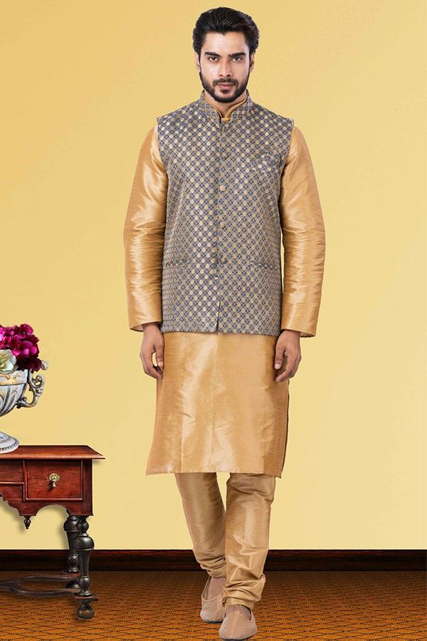 Picture of Splendid Golden and Grey Colored Designer Kurta Set