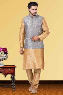 Picture of Charismatic Golden and Grey Colored Designer Kurta Set