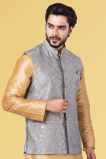 Picture of Charismatic Golden and Grey Colored Designer Kurta Set