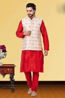 Picture of Captivating Red and Cream Colored Designer Kurta Set