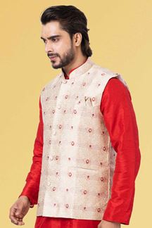 Picture of Captivating Red and Cream Colored Designer Kurta Set