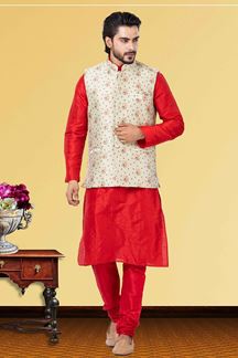 Picture of Stylish Red and Off-White Colored Designer Kurta Set