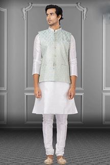 Picture of Attractive White and Pista Green Colored Designer Kurta Set