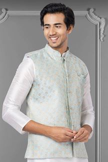 Picture of Attractive White and Pista Green Colored Designer Kurta Set