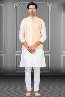 Picture of Dashing White and Peach Colored Designer Kurta Set