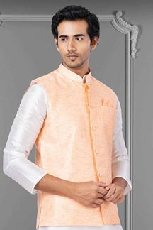 Picture of Dashing White and Peach Colored Designer Kurta Set