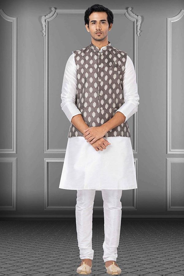 Picture of Fancy White and Brown Colored Designer Kurta Set