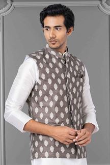 Picture of Fancy White and Brown Colored Designer Kurta Set