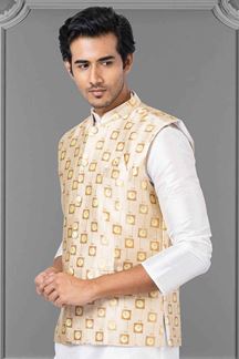 Picture of Marvelous White and Golden Colored Designer Kurta Set